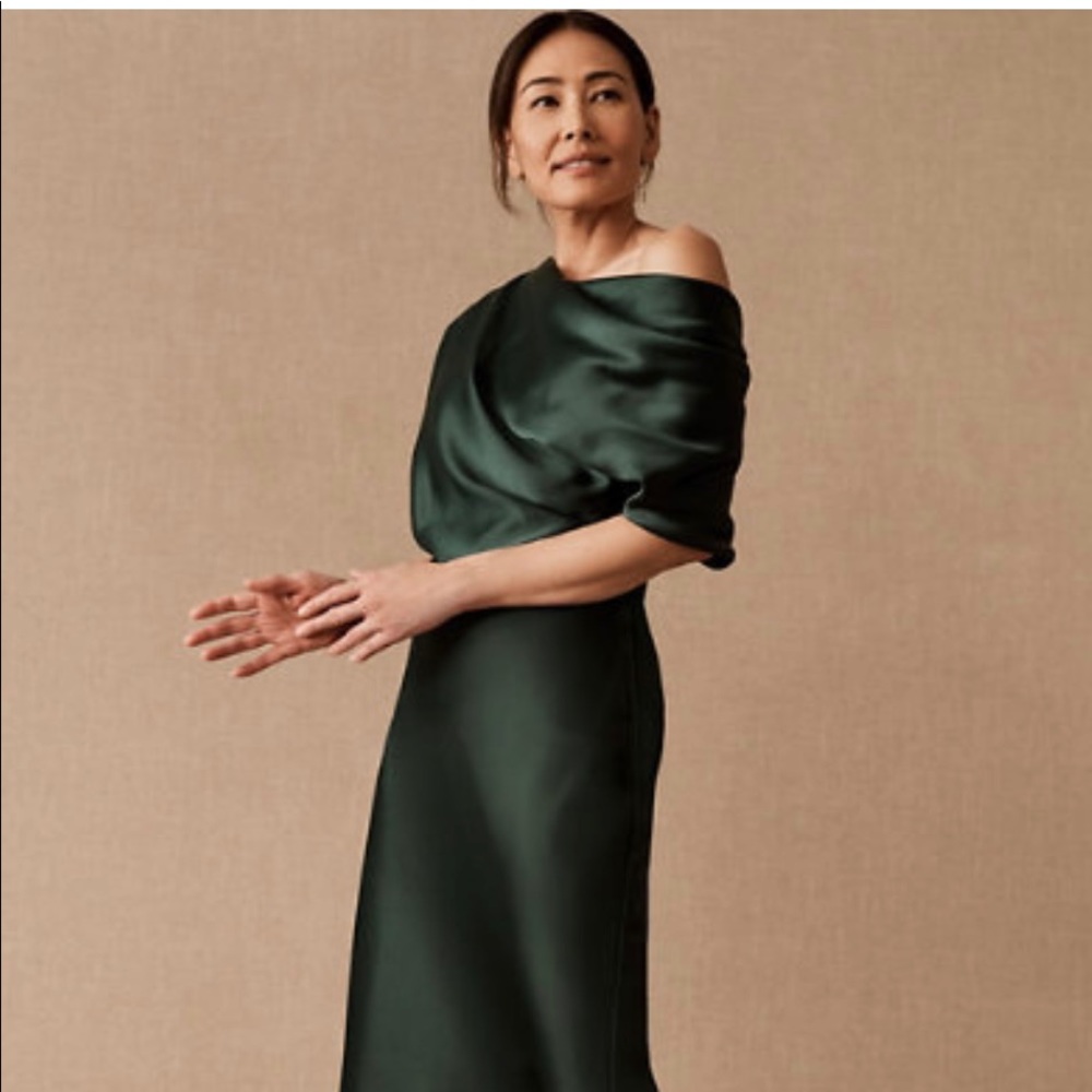 BHLDN Amsale Pryce Off-the-Shoulder Column Dress in Dark Green Size 6